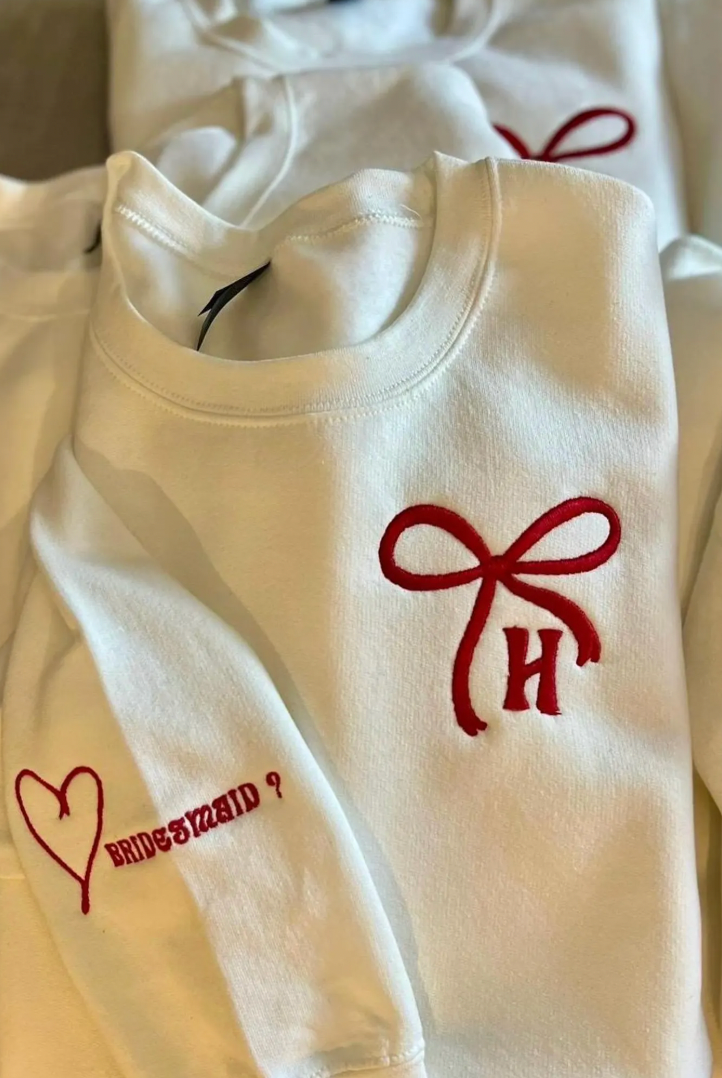 Bow and Initials Embroidered Crewneck red on white