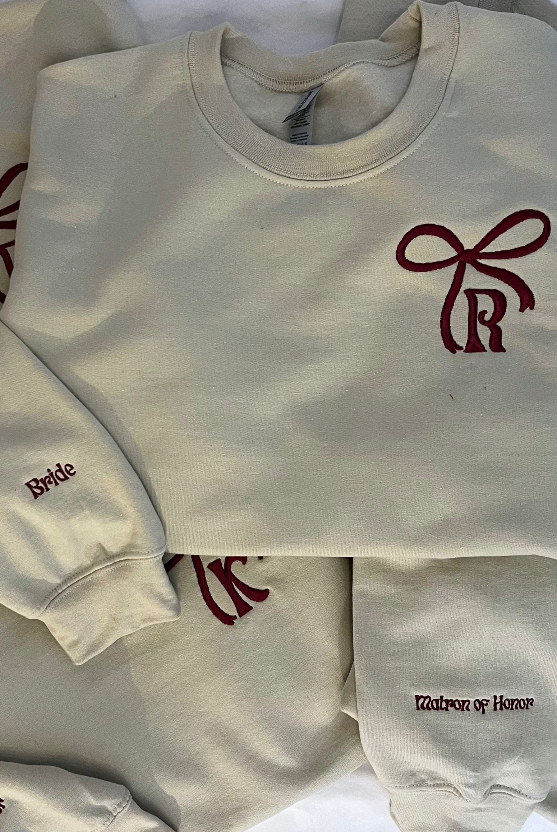 Bow and Initials Embroidered Crewnecks red on white