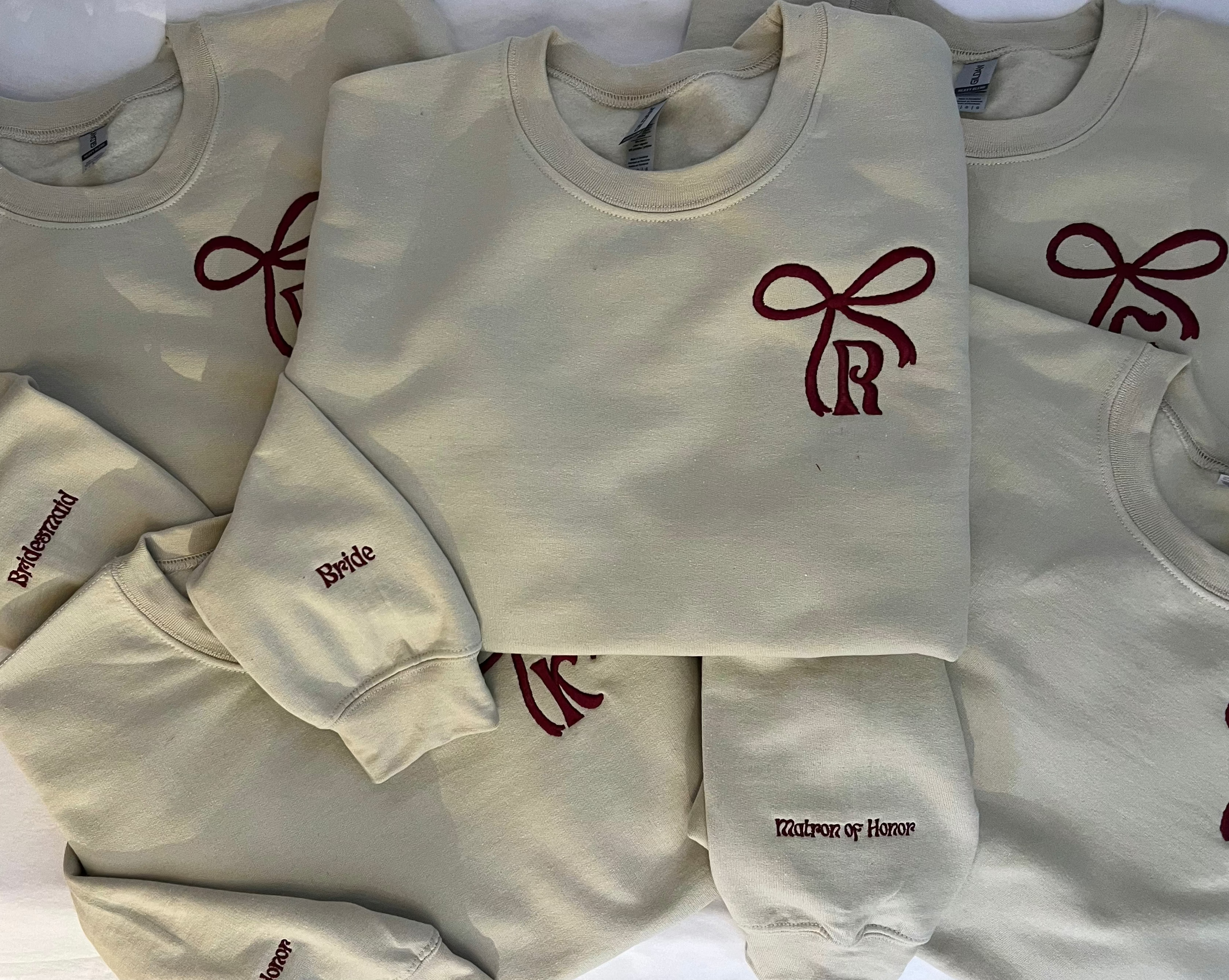 Bow and Initials Embroidered Crewnecks red on white