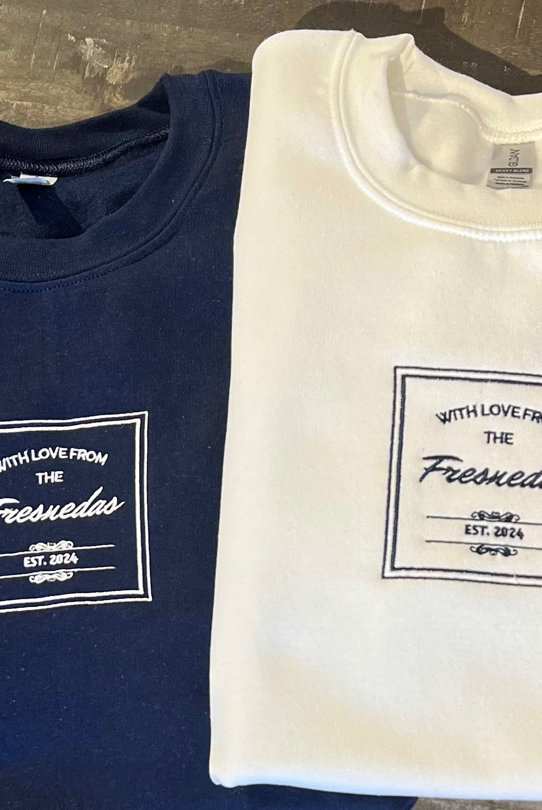 Custom Logo Wedding Embroidered Crewneck with love from blue and white