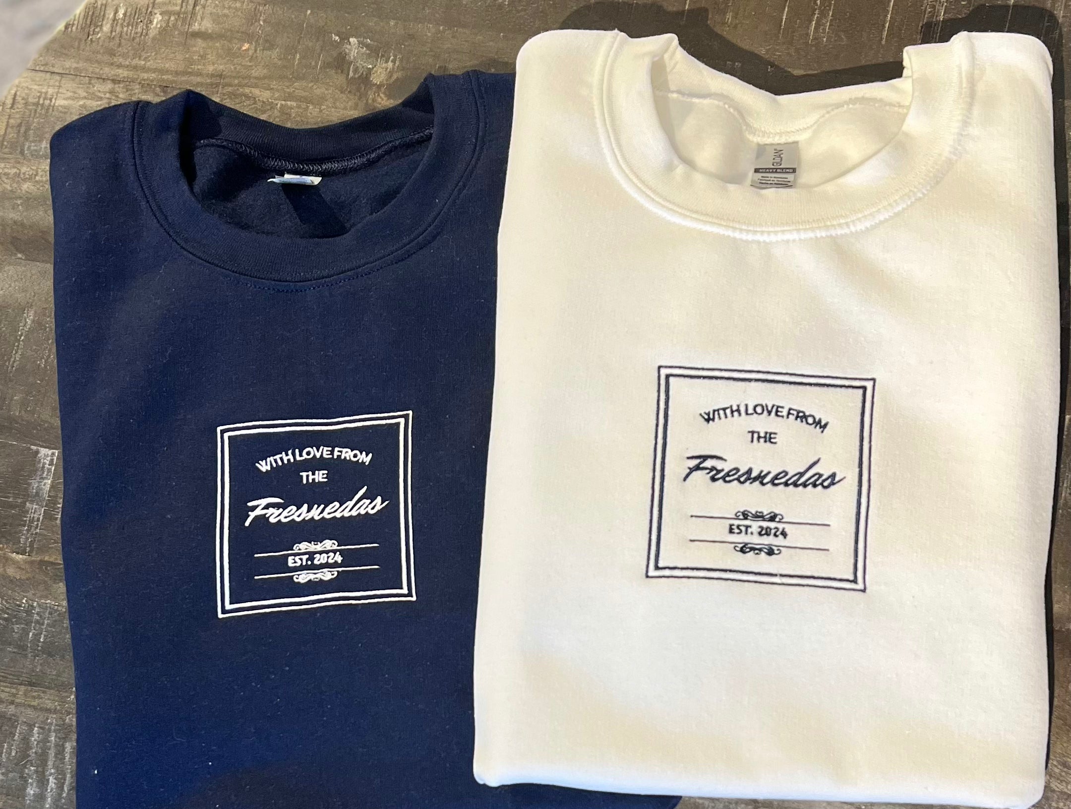 Custom Logo Wedding Embroidered Crewneck with love from blue and white