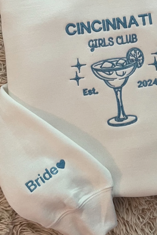 Custom Margarita Glass Embroidered Crewneck close up