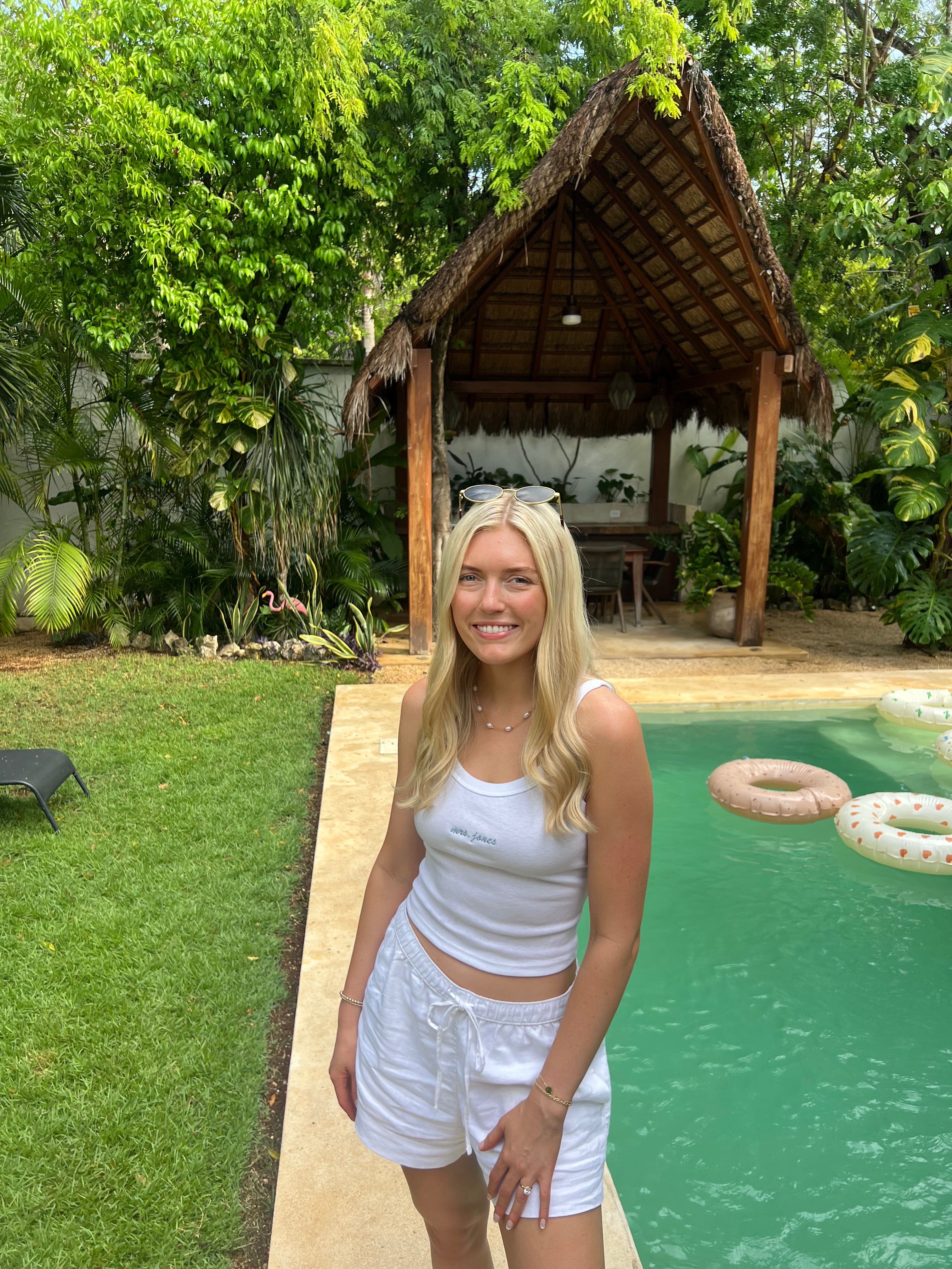 model with Embroidered New Name Tank and Sweatpants