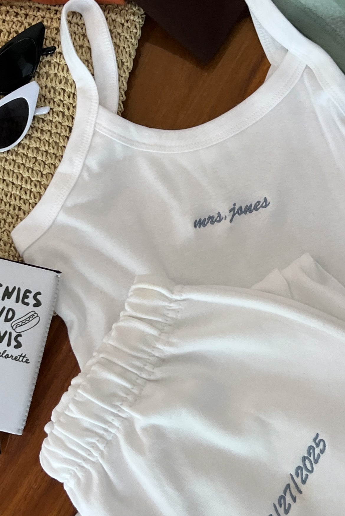 white Embroidered New Name Tank and Sweatpants flat lay