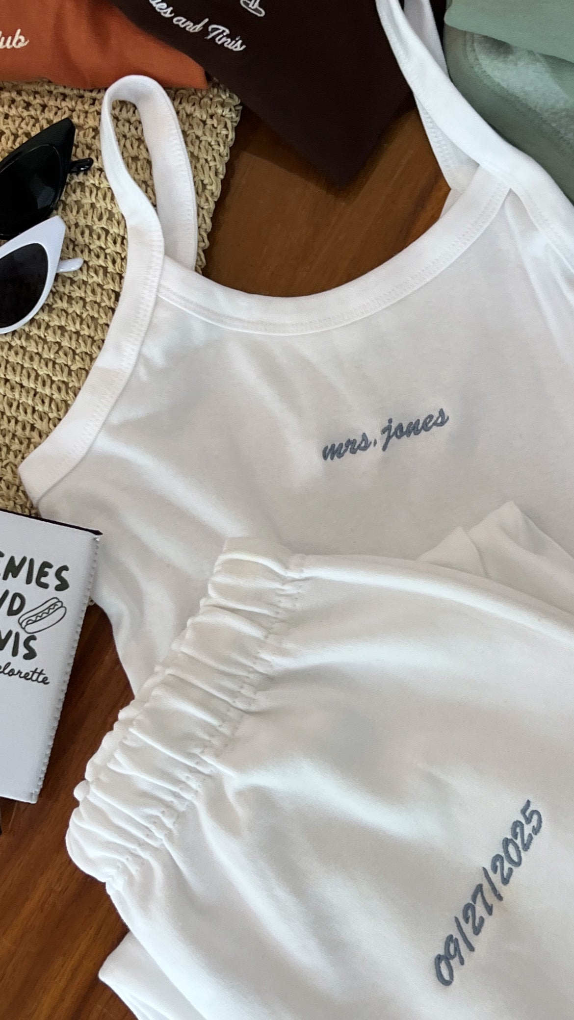 white Embroidered New Name Tank and Sweatpants flat lay