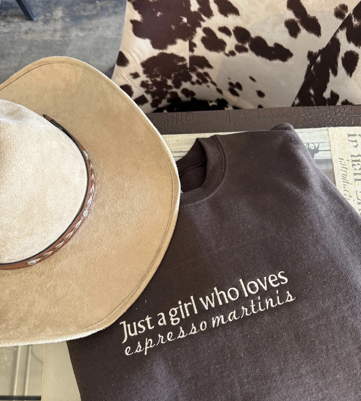 Espresso Martini Lover Embroidered Sweatshirt in Chocolate Brown folded