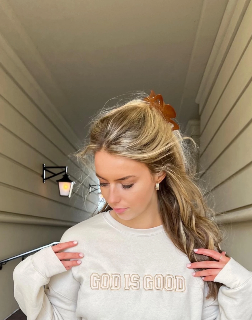 God is Good Embroidered Crewneck cream close up