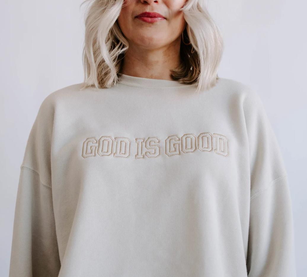 God is Good Embroidered Crewneck in cream close up
