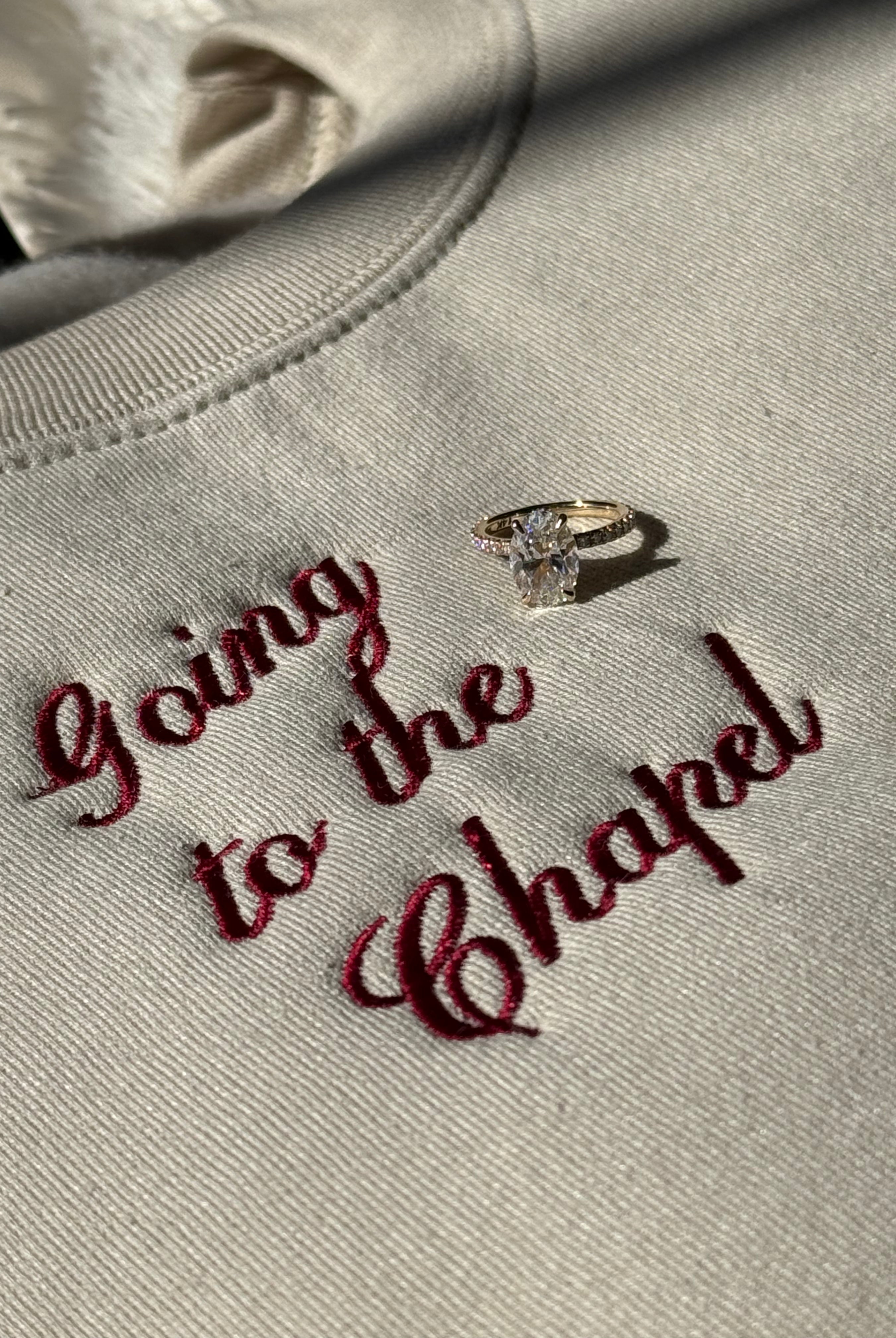 close up of Going to the Chapel in Sand Embroidered Crewneck
