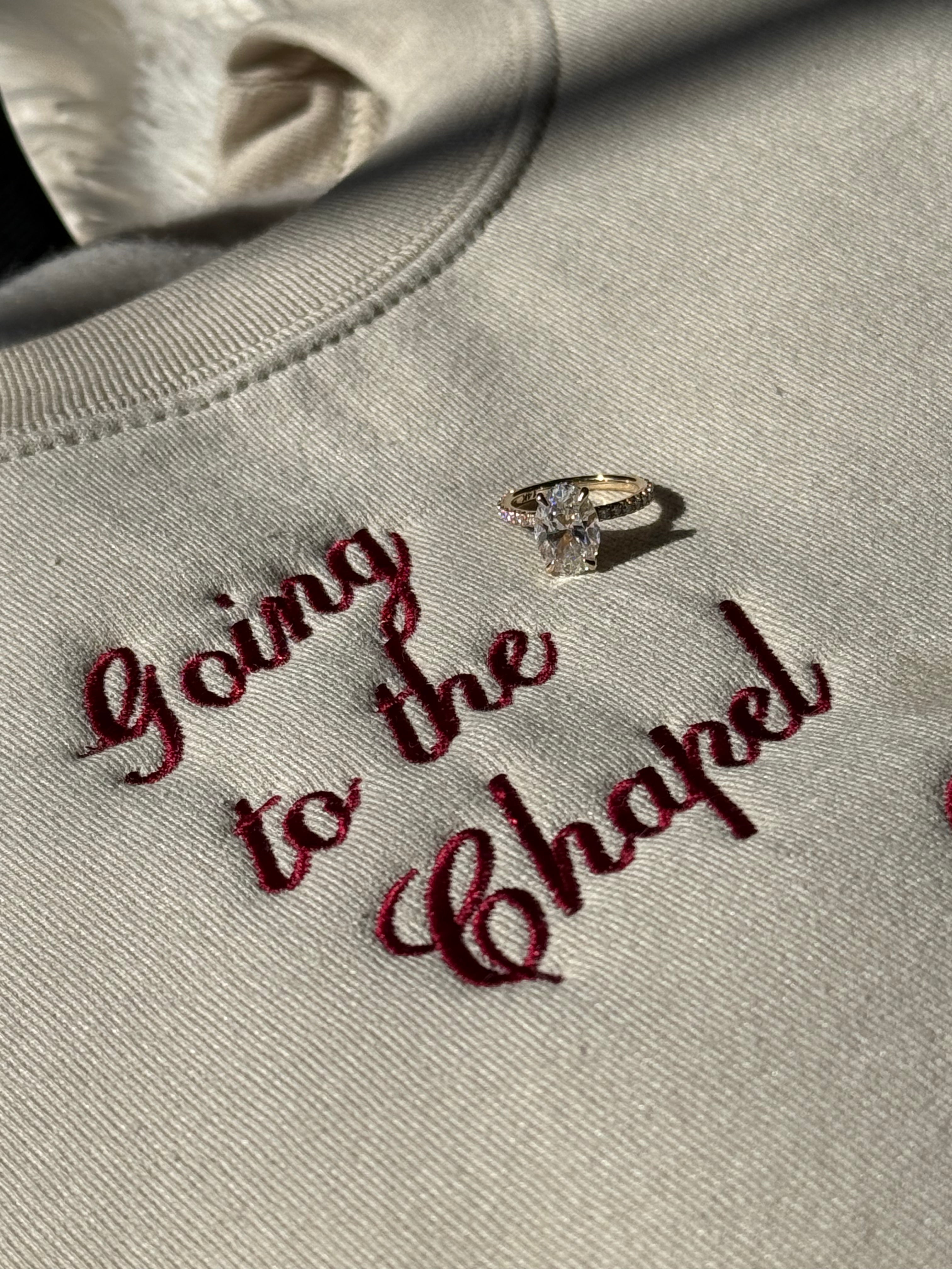 close up of Going to the Chapel in Sand Embroidered Crewneck