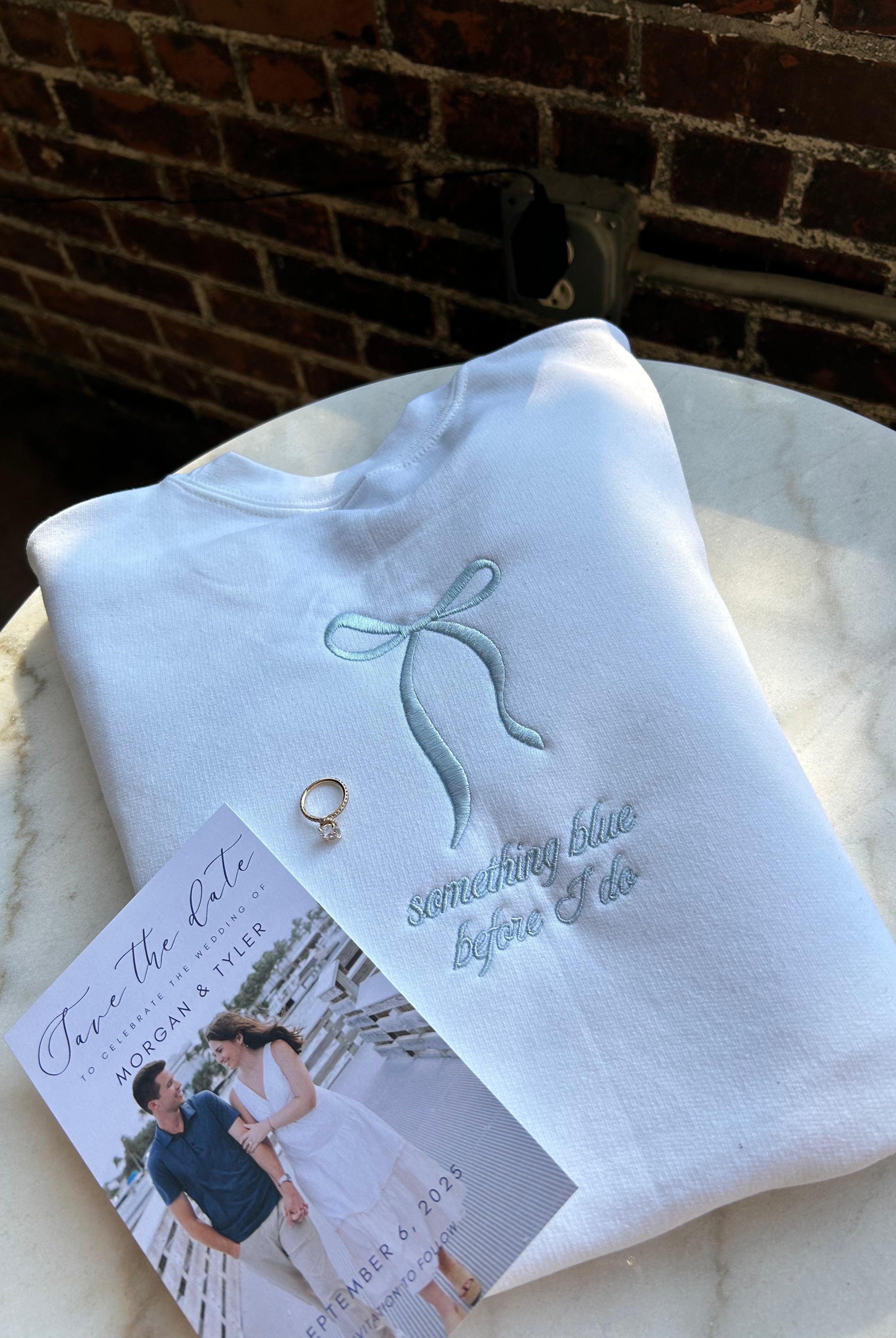 Something Blue Before I Do Bow Embroidered Crewneck