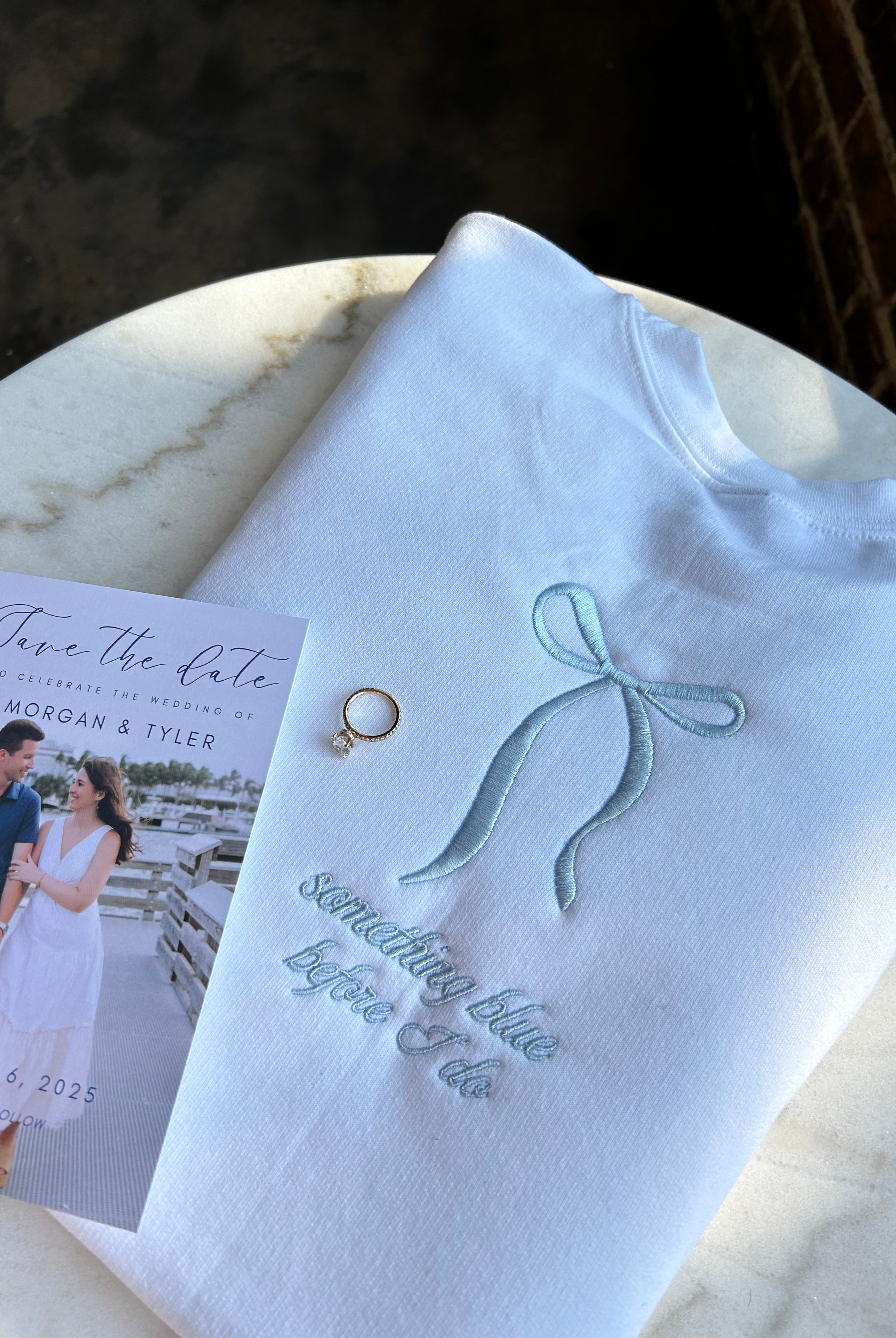 Something Blue Before I Do Bow Embroidered Crewneck