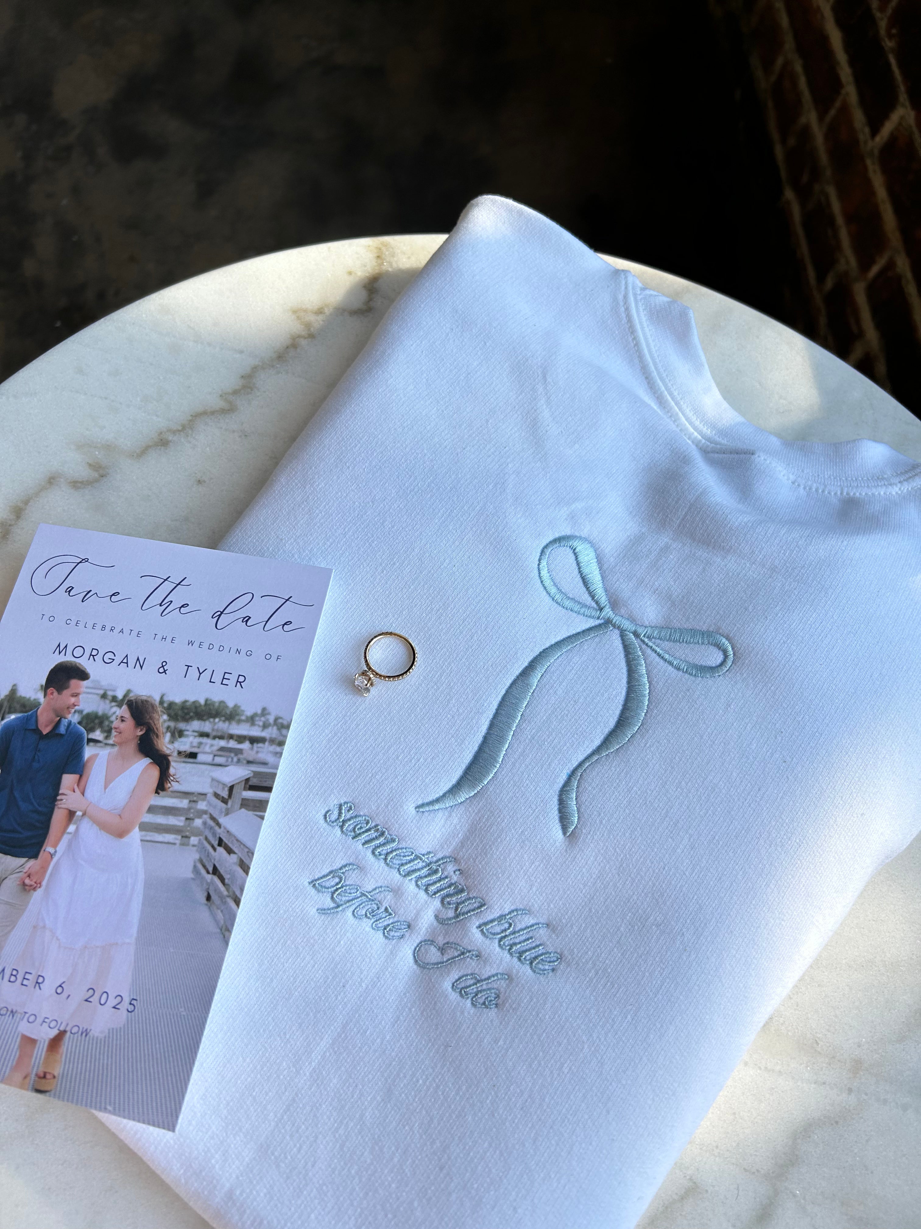 Something Blue Before I Do Bow Embroidered Crewneck