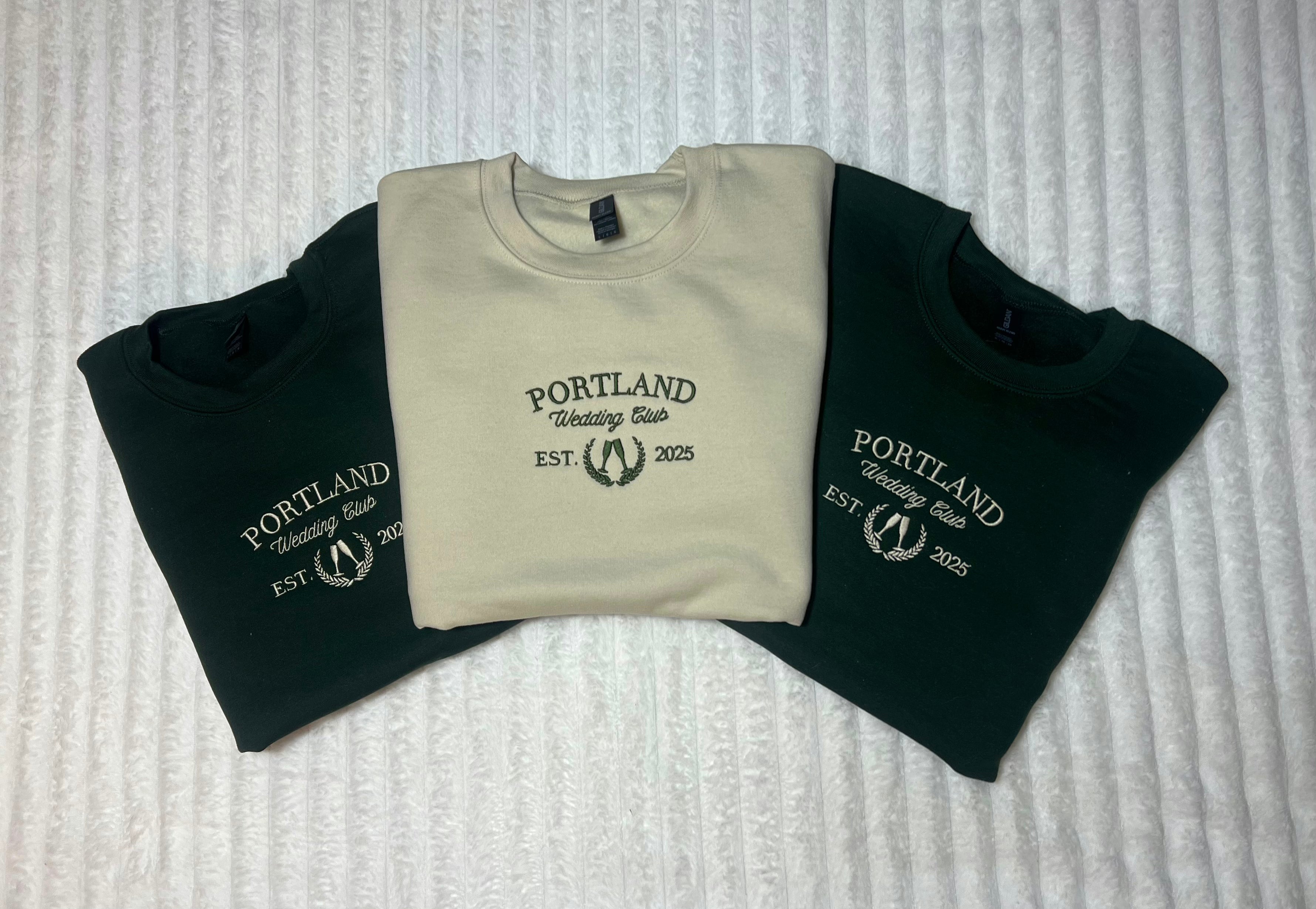 Wedding Club Portland Embroidered Crewnecks Folded