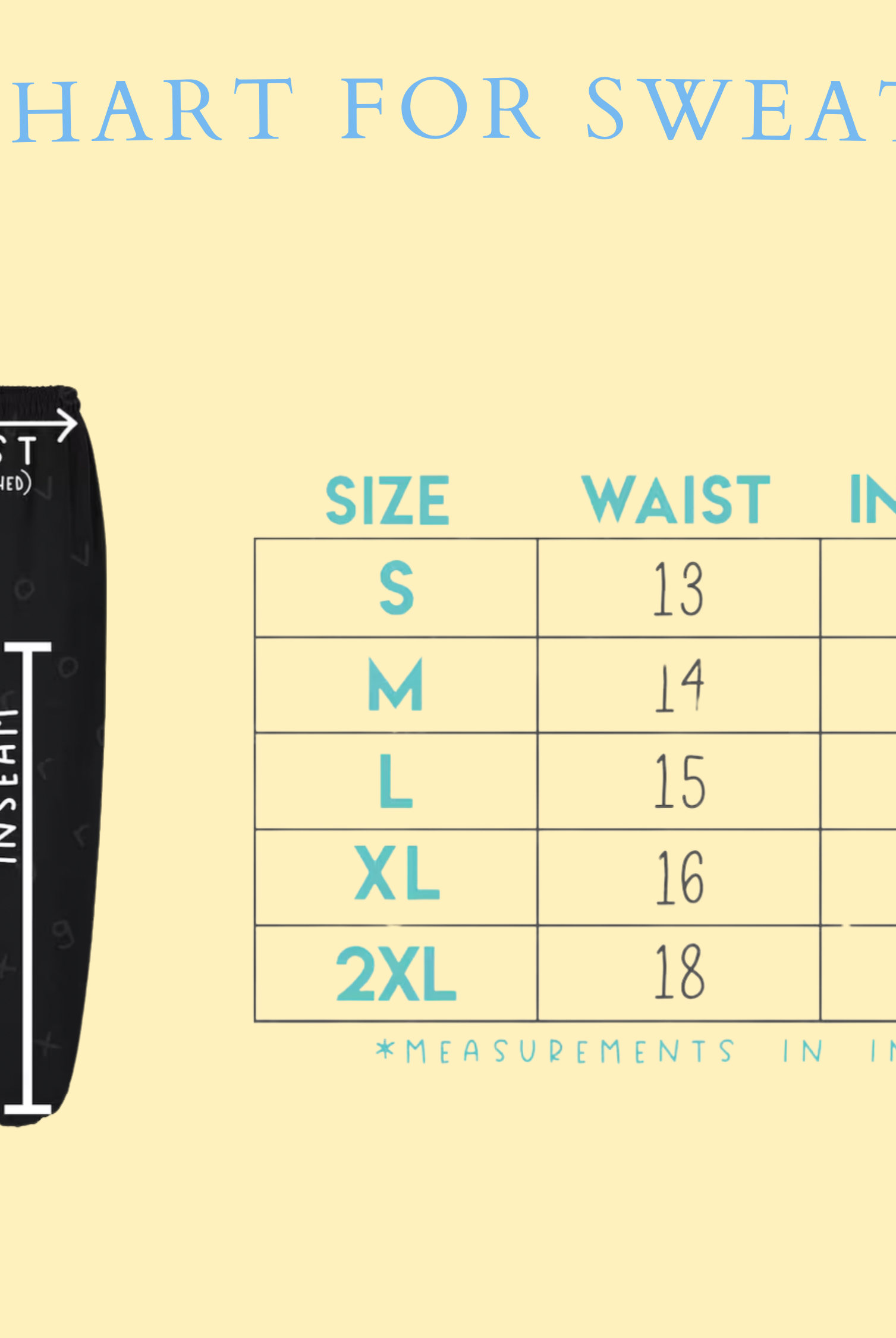 Size chart for sweatpants with measurements on a beige background