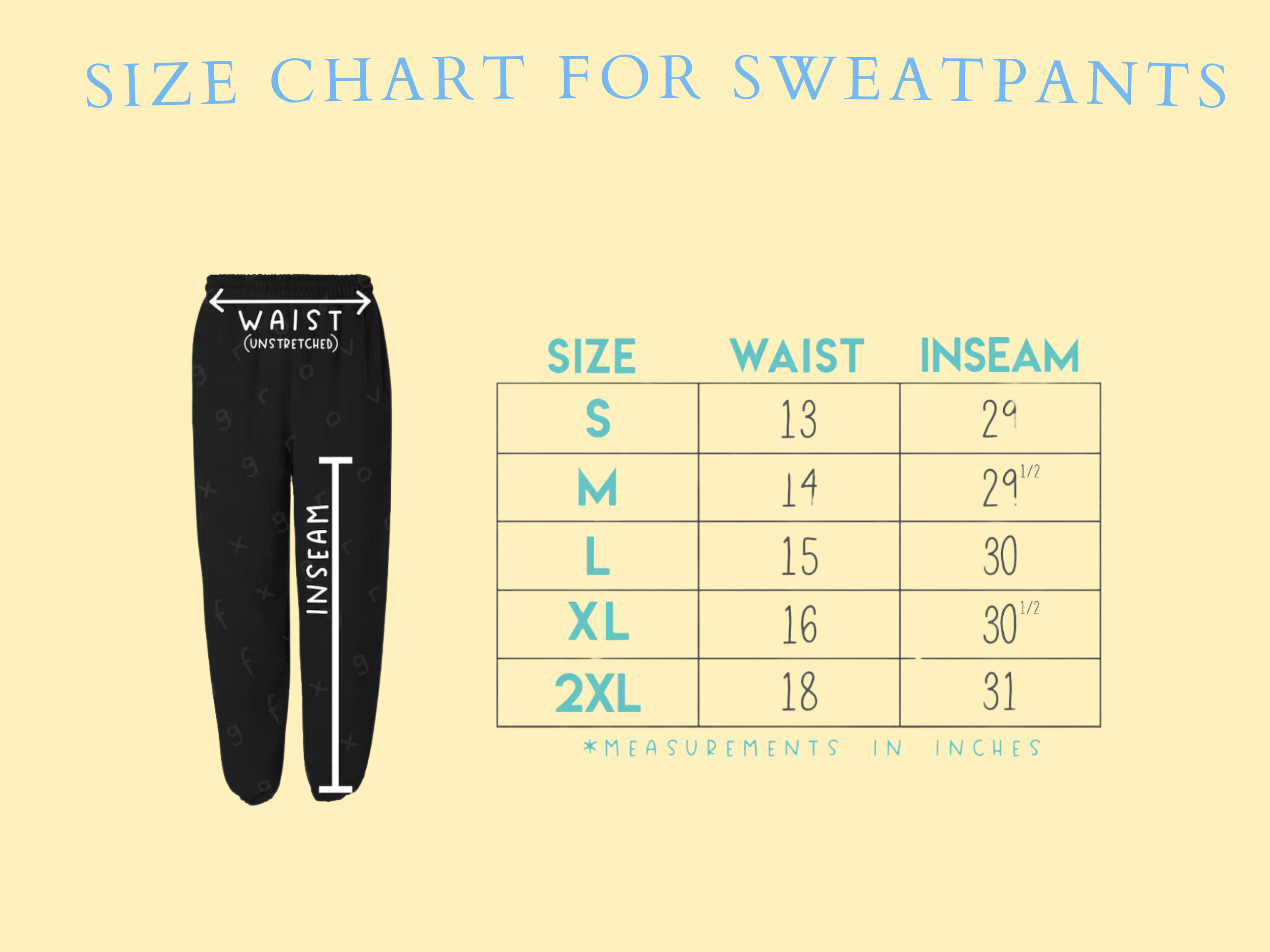 Size chart for sweatpants with measurements on a beige background