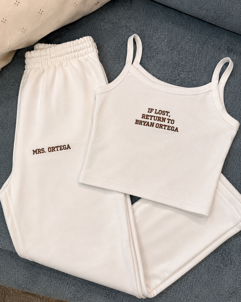 Custom Embroidered If Lost Return to White Tank + White Open Leg Sweatpants Set