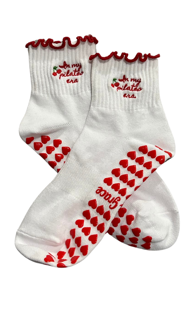 In my Pilates era non slip grip sock with red heart grips