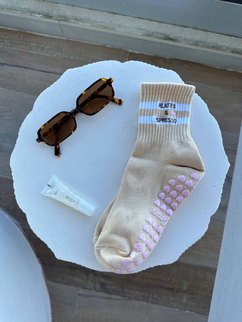 Pilates & Espresso tan grip sock with pink heart grips