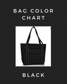 Black tote bag on a white background with 'Bag Color Chart' text.