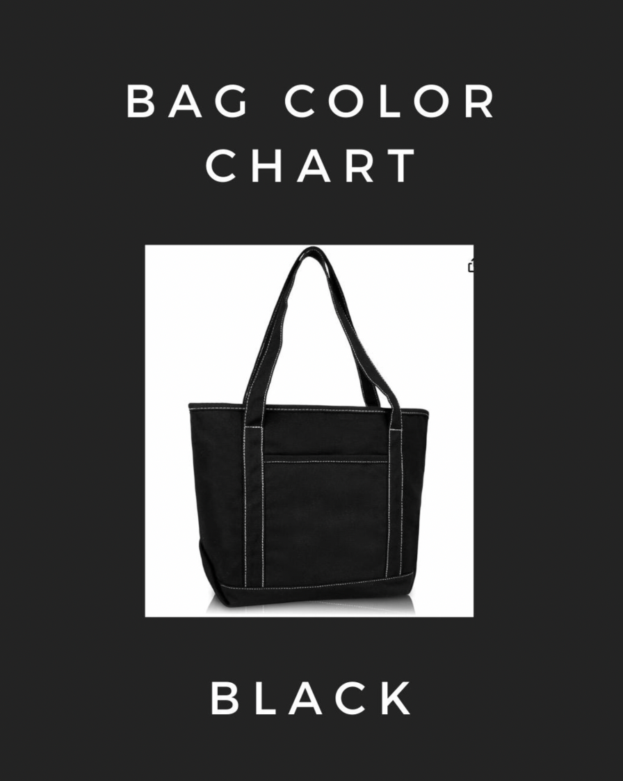 Black tote bag on a white background with 'Bag Color Chart' text.