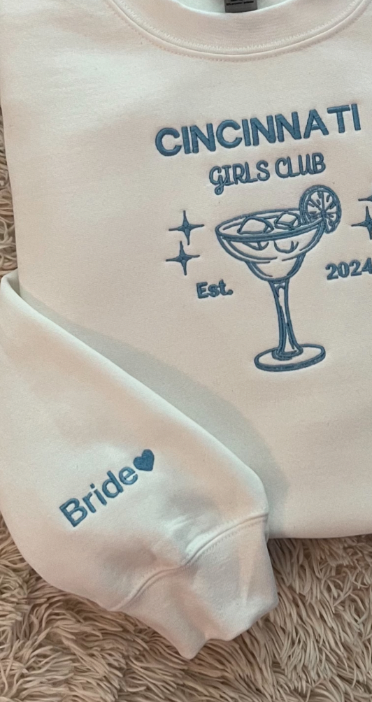 Custom Margarita Glass Embroidered Crewneck close up