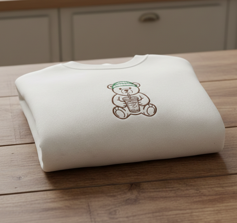 Cozy Coffee Bear Embroidered Sweatshirt