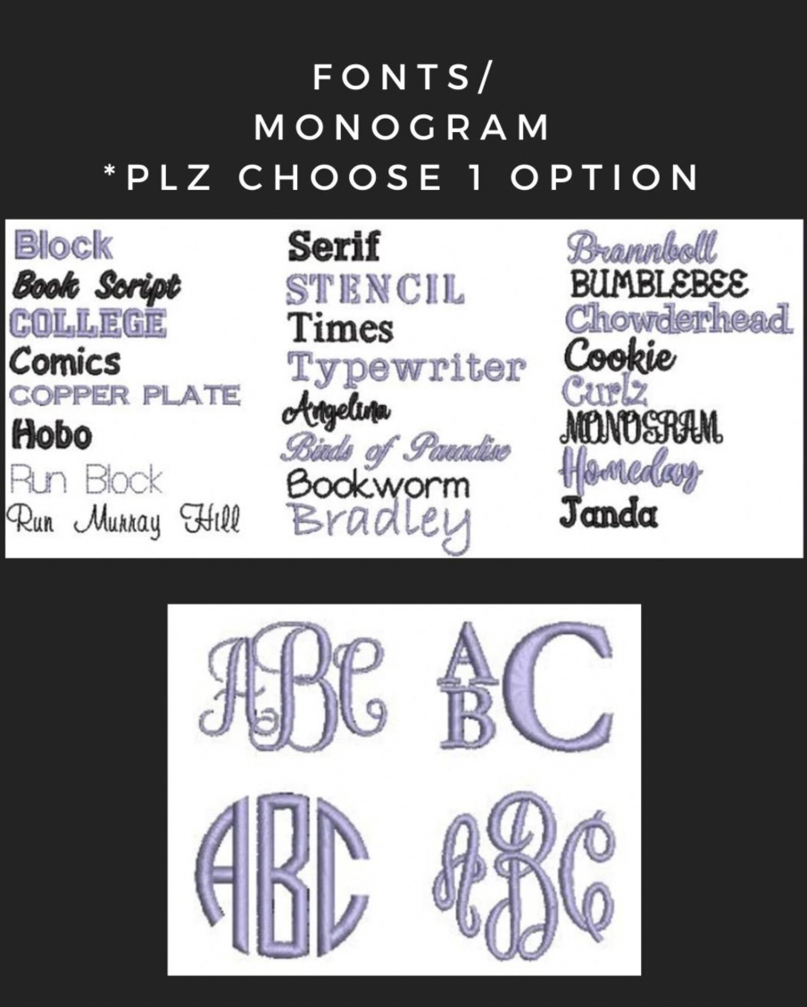 Font and monogram style options with sample text on a black background