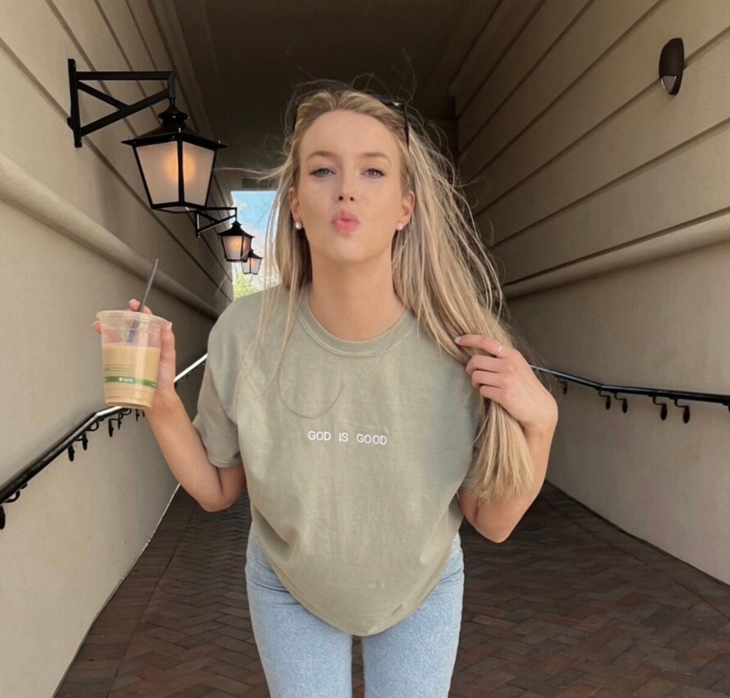 God is Good Custom Embroidered Tee close up