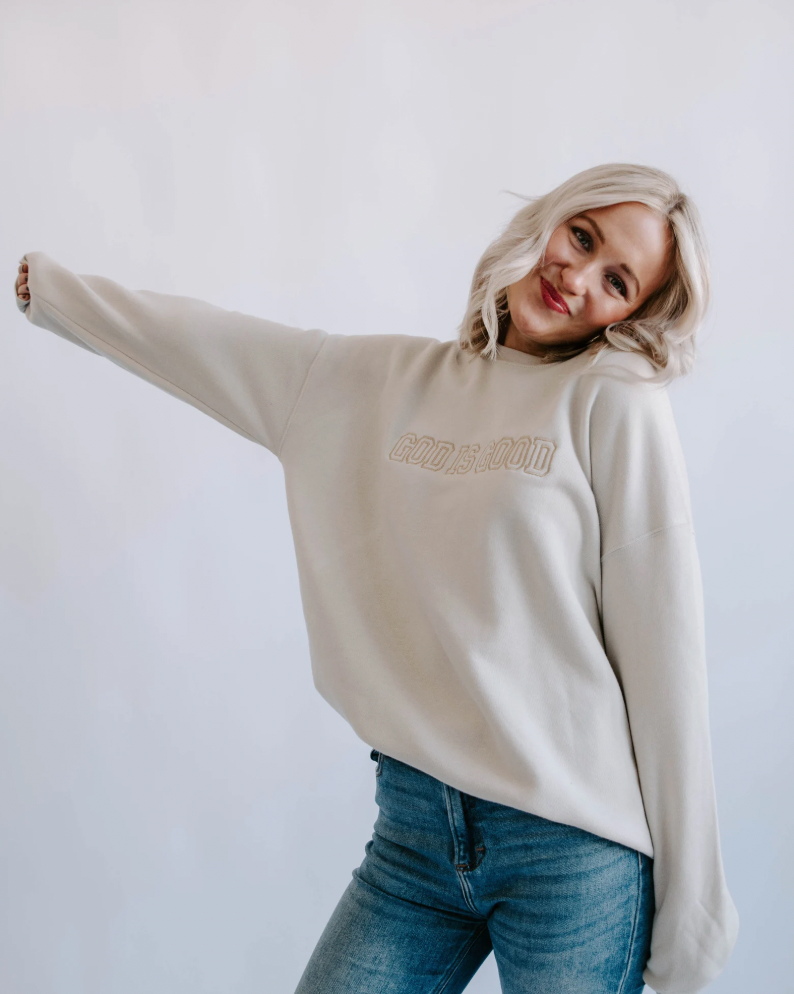 God is Good Embroidered Crewneck in cream