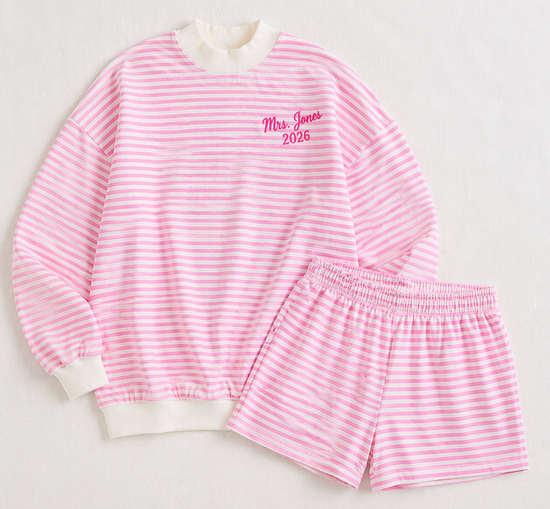The "New Chapter" Personalized Mock Neck Set | Pink Stripe & Custom Embroidery