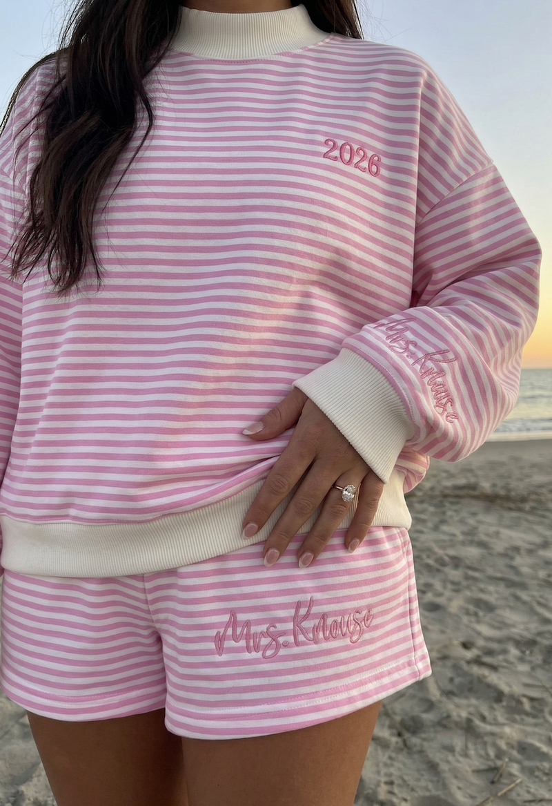 The "New Chapter" Personalized Mock Neck Set | Pink Stripe & Custom Embroidery