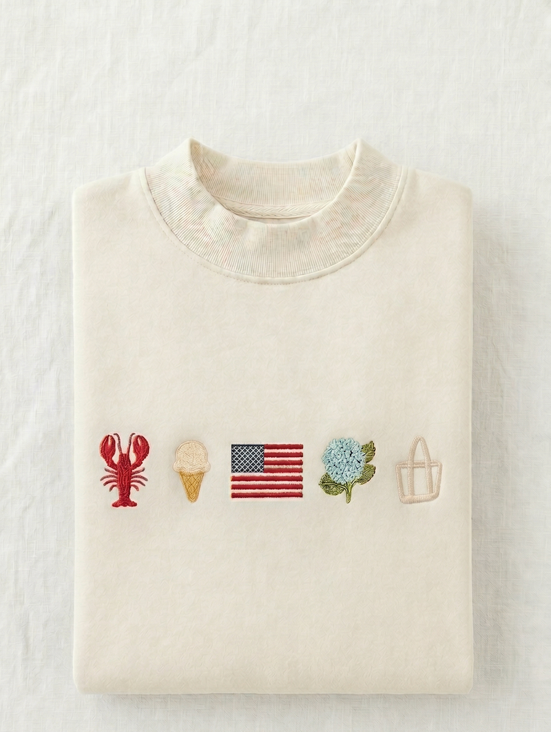 Embroidered Coastal Icons Mockneck Sweatshirt | Lobster, Hydrangea, Flag Nautical Pullover