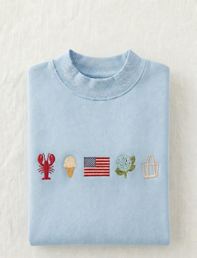 Embroidered Coastal Icons Mockneck Sweatshirt | Lobster, Hydrangea, Flag Nautical Pullover