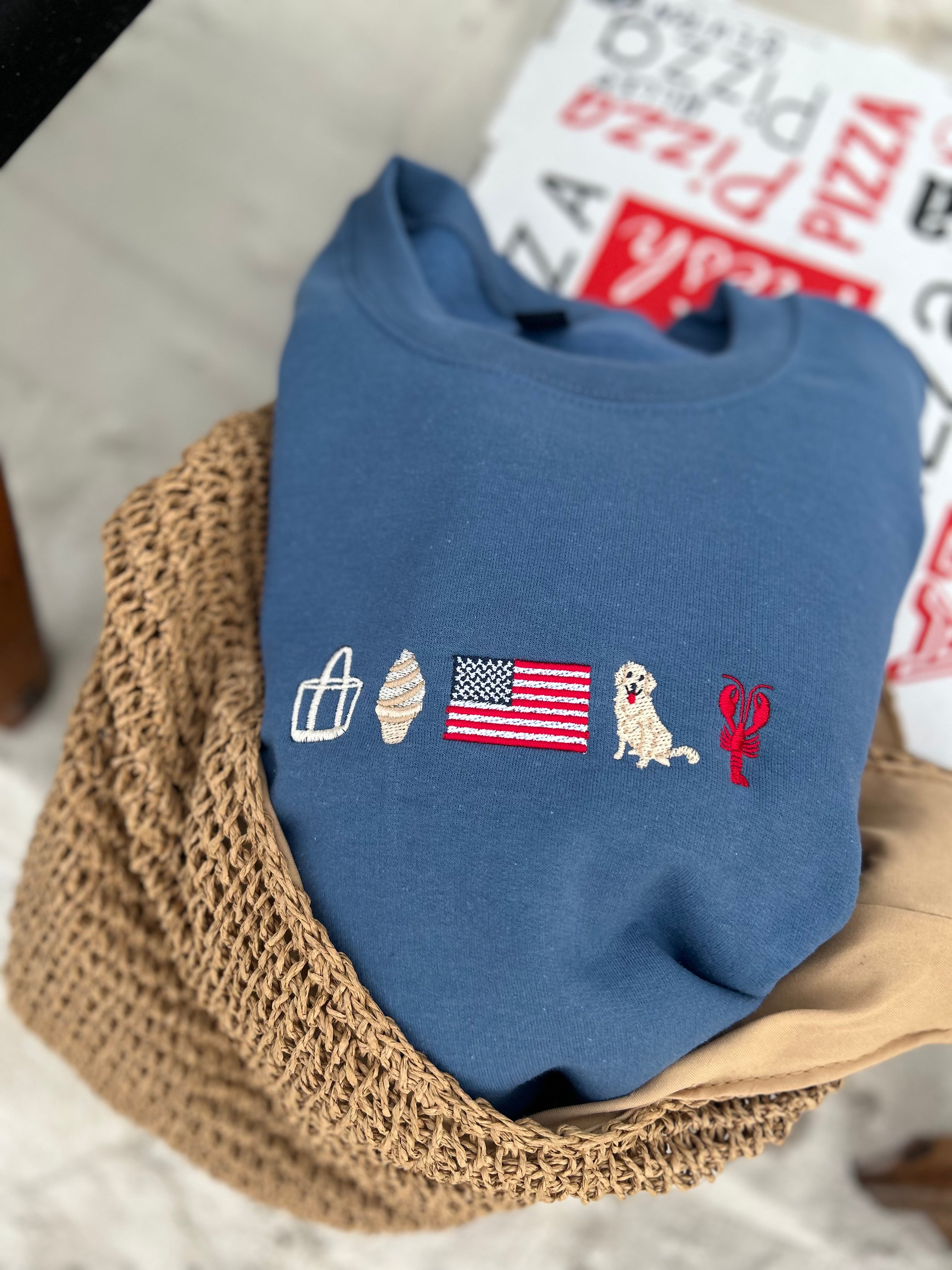 Summer Icon Embroidered Sweatshirt in Indigo Blue