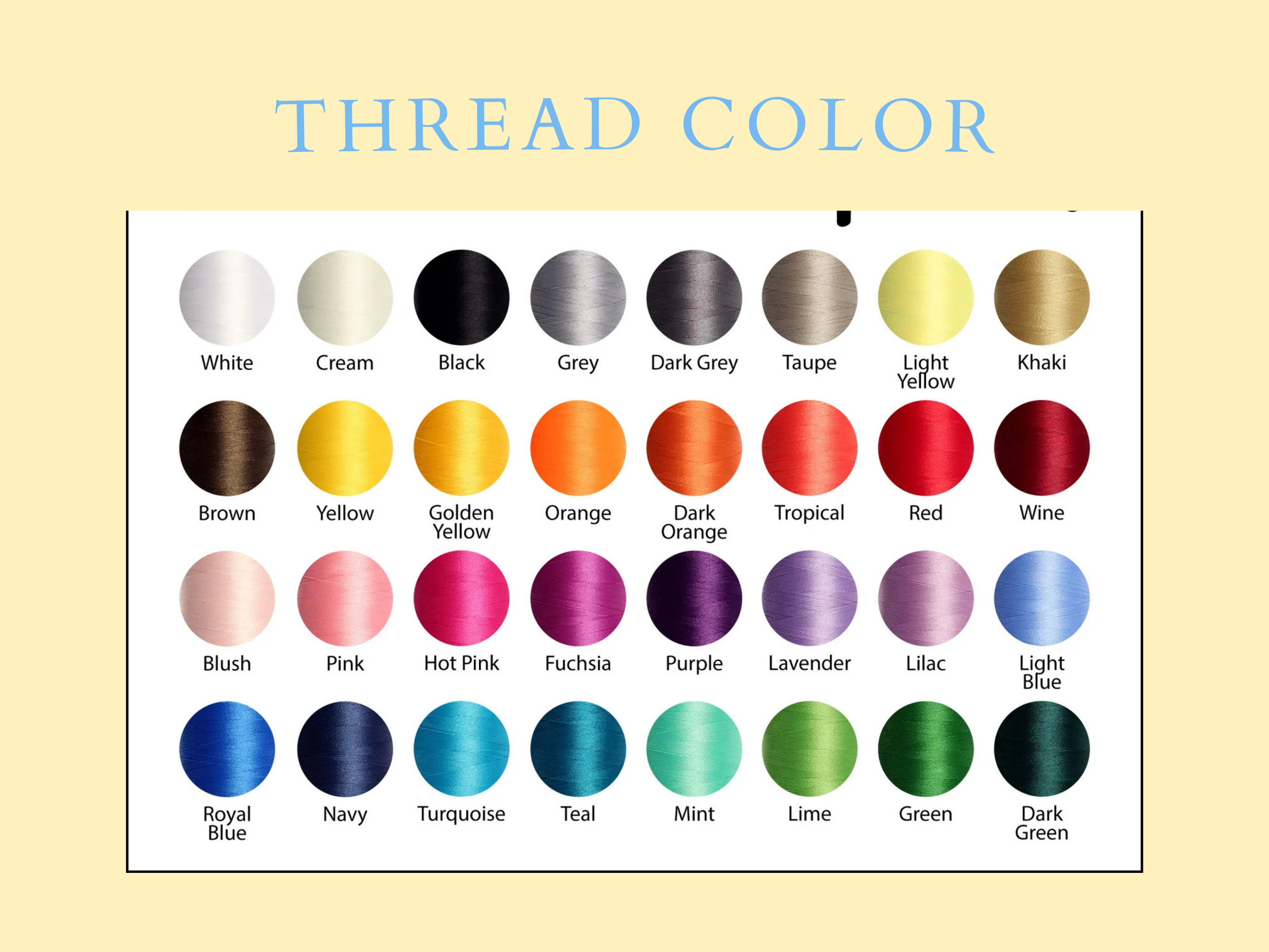 Color chart for thread options on a beige background