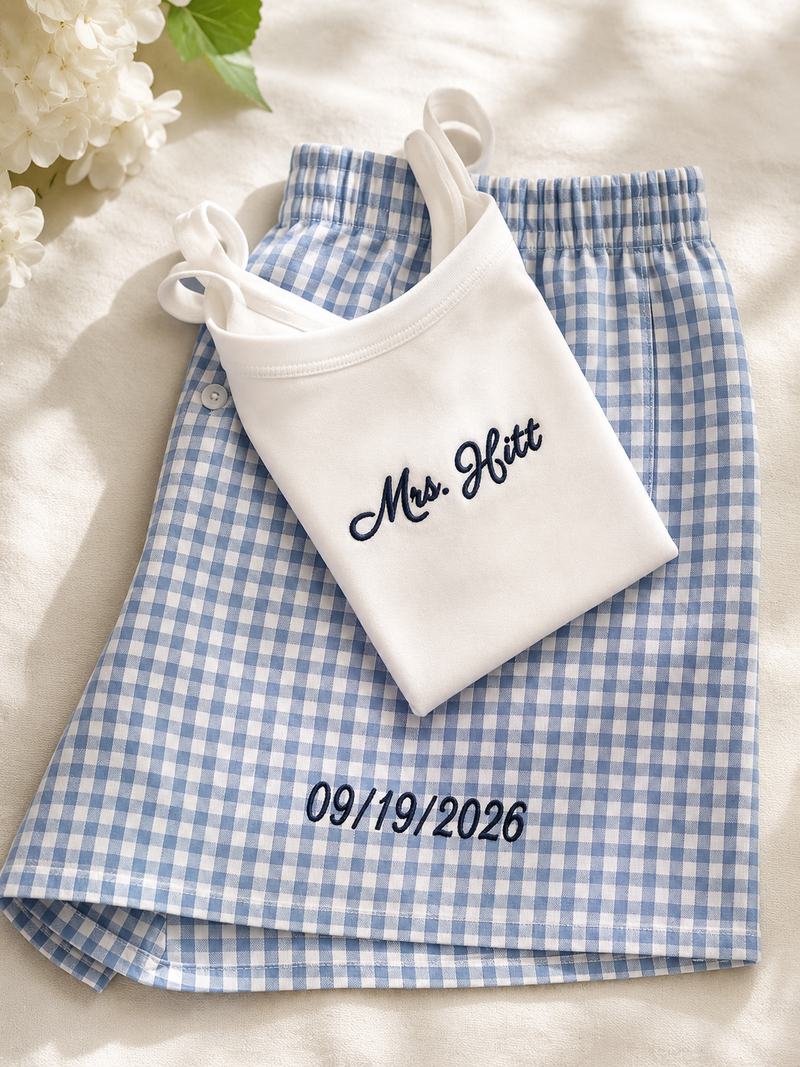Custom Bride White Tank & Blue Boxer Shorts